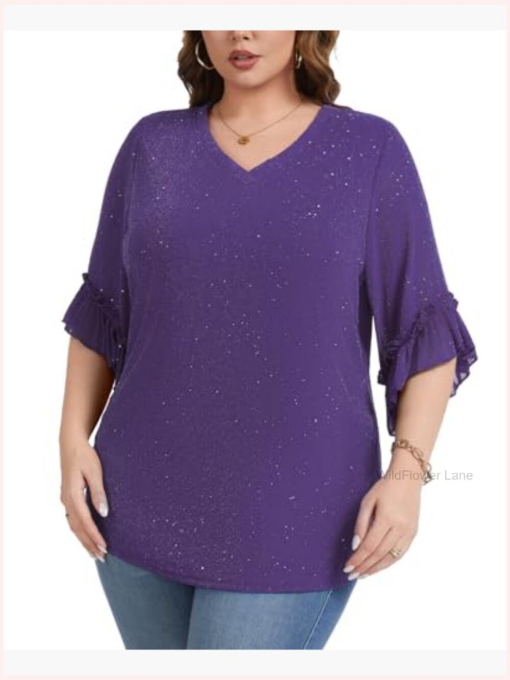 Plus Size Sequin Mesh V Neck Top Ruffled 3/4 Sleeve Blouse Party - Picture 2 of 7